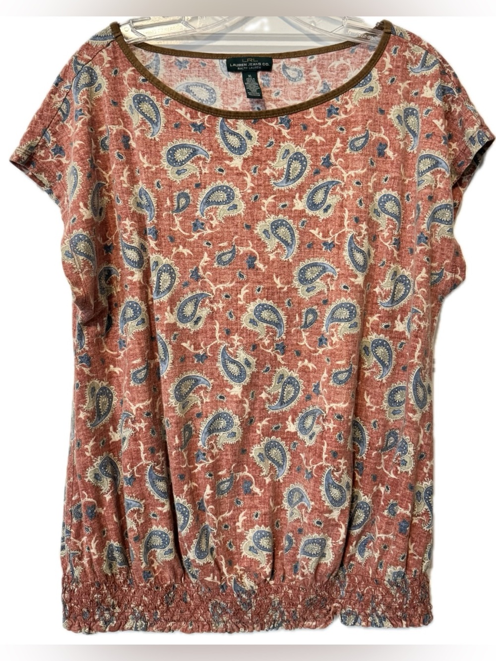 Lauren Ralph Lauren Paisley Peasant Top XL Pink Blue Smocked Hem Boho